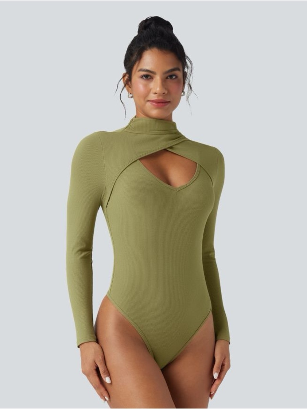 HALARA Olive Green Ribbed Long Sleeve Bodysuit